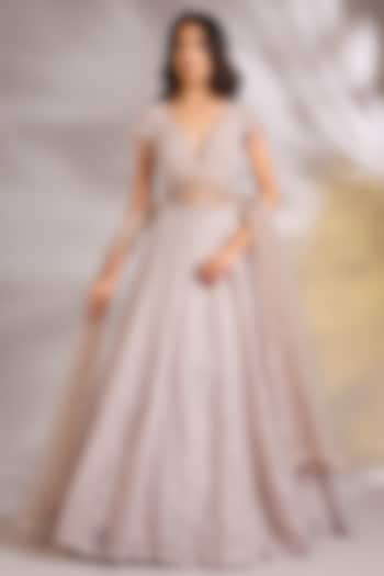 Peach Net Sequins & Pearl Embellished Wedding Lehenga Set by Chaashni by Maansi and Ketan at Pernia's Pop Up Shop