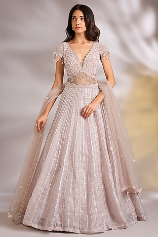 Peach Net Sequins & Pearl Embellished Lehenga Set by Chaashni by Maansi and Ketan
