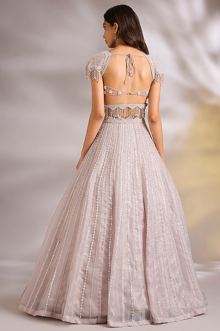Peach Net Sequins & Pearl Embellished Wedding Lehenga Set by Chaashni by Maansi and Ketan at Pernia's Pop Up Shop