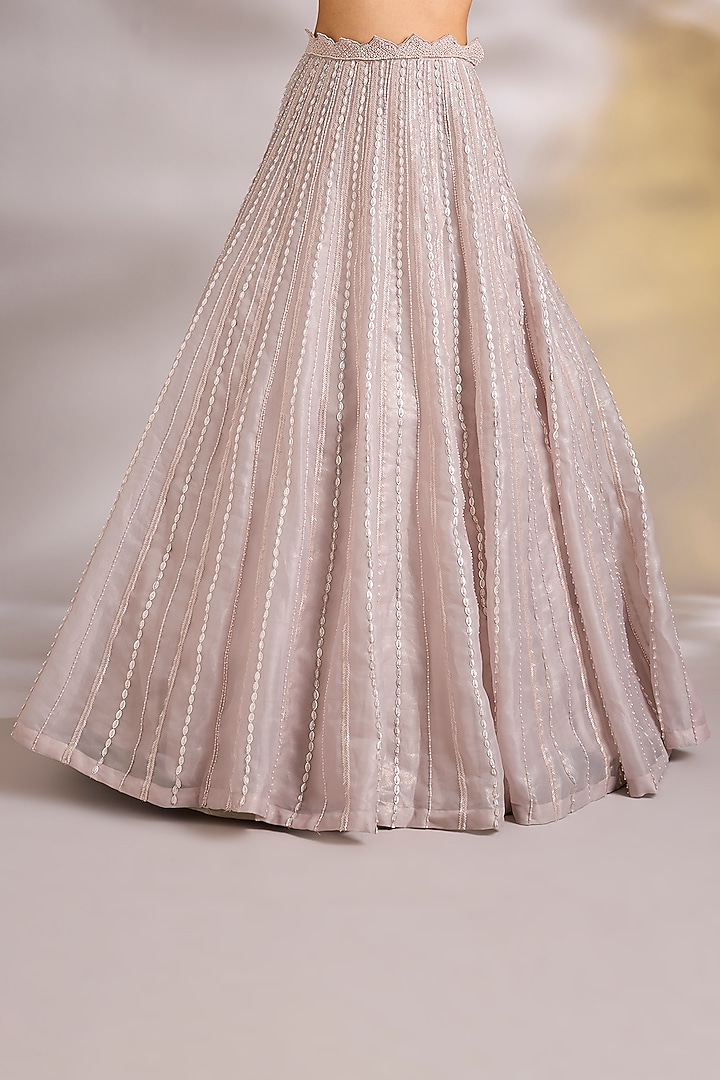 Peach Net Sequins & Pearl Embellished Wedding Lehenga Set by Chaashni by Maansi and Ketan at Pernia's Pop Up Shop