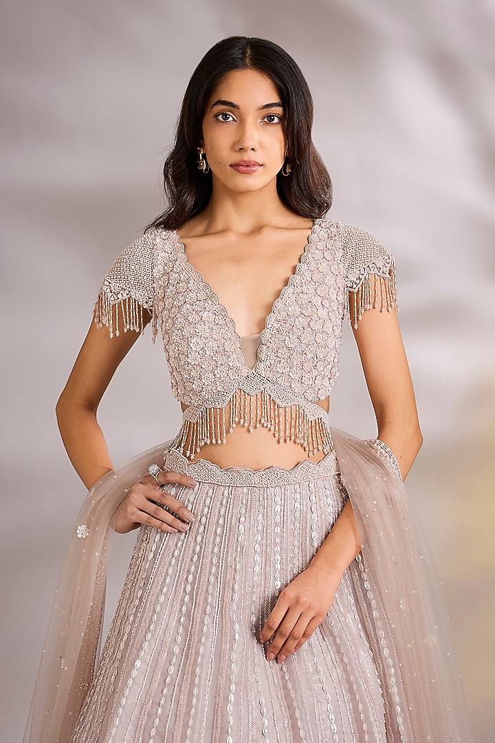 Peach Net Sequins & Pearl Embellished Wedding Lehenga Set by Chaashni by Maansi and Ketan at Pernia's Pop Up Shop