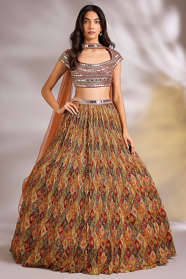Orange Georgette Mirror Embellished Wedding Lehenga Set by Chaashni by Maansi and Ketan at Pernia's Pop Up Shop