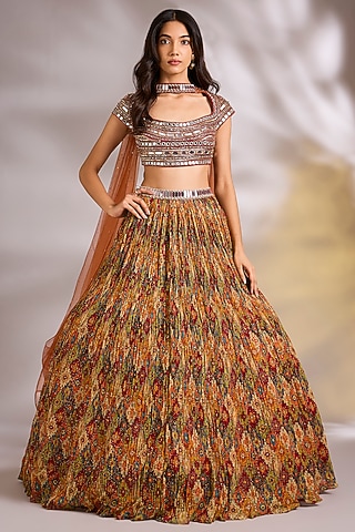 Orange Georgette Mirror Embellished Lehenga Set by Chaashni by Maansi and Ketan