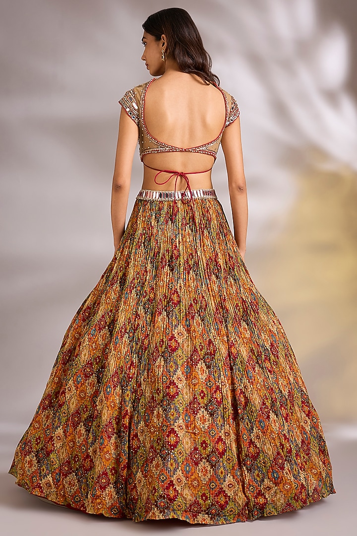 Orange Georgette Mirror Embellished Wedding Lehenga Set by Chaashni by Maansi and Ketan at Pernia's Pop Up Shop
