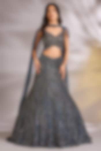Teal Blue Net Cutdana Embellished Engagement Gown by Chaashni by Maansi and Ketan at Pernia's Pop Up Shop