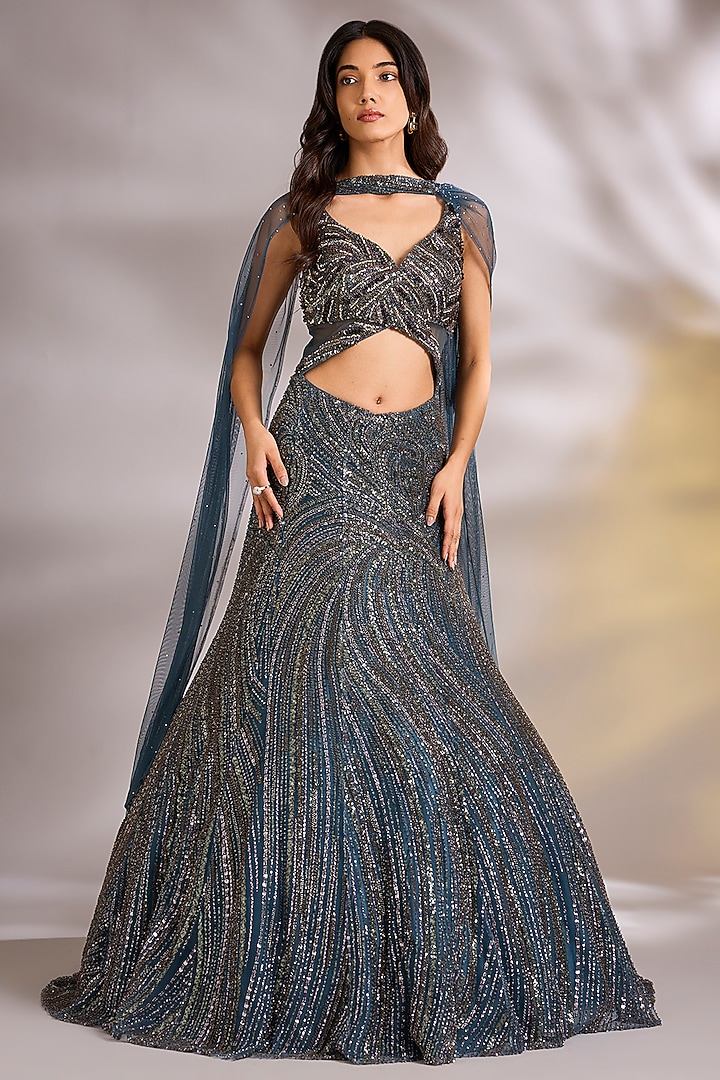 Teal Blue Net Cutdana Embellished Engagement Gown by Chaashni by Maansi and Ketan at Pernia's Pop Up Shop