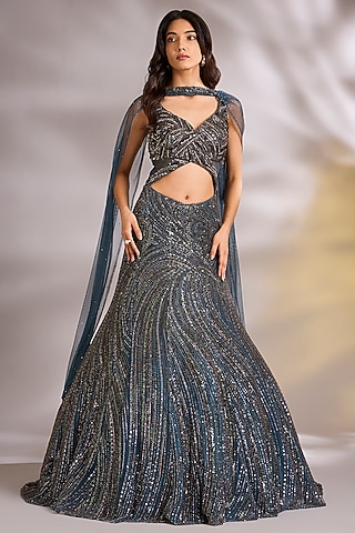 Teal Blue Net Cutdana Embellished Gown by Chaashni by Maansi and Ketan