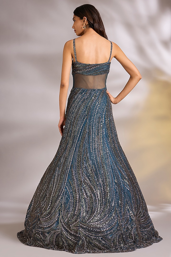 Teal Blue Net Cutdana Embellished Engagement Gown by Chaashni by Maansi and Ketan at Pernia's Pop Up Shop