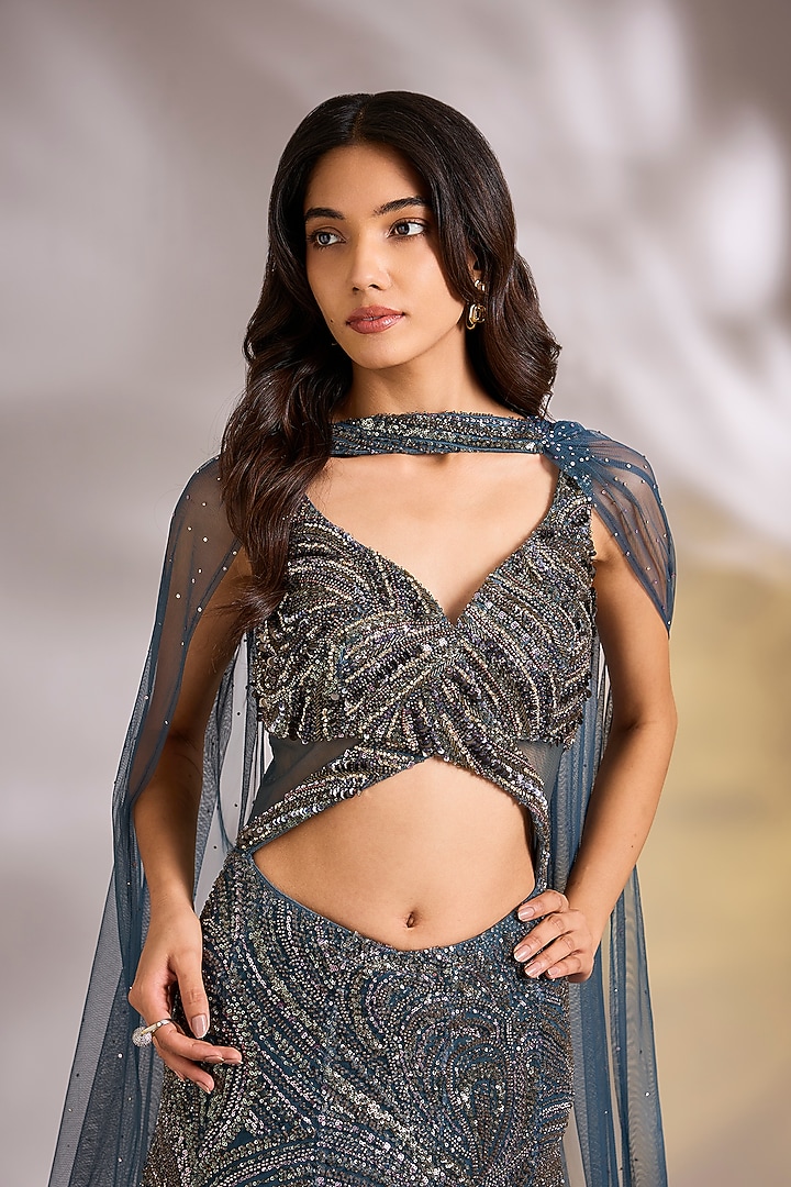 Teal Blue Net Cutdana Embellished Engagement Gown by Chaashni by Maansi and Ketan at Pernia's Pop Up Shop