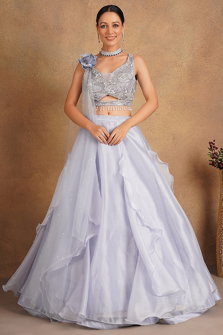 strapless open back dress Peach Sequin Lehenga Set