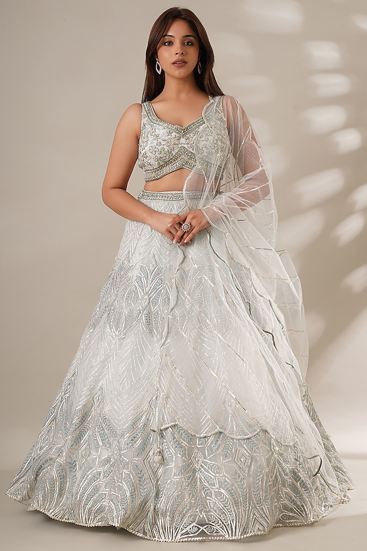 Ice Blue Net Embroidered Wedding Lehenga Set by Chaashni by Maansi and Ketan at Pernia's Pop Up Shop