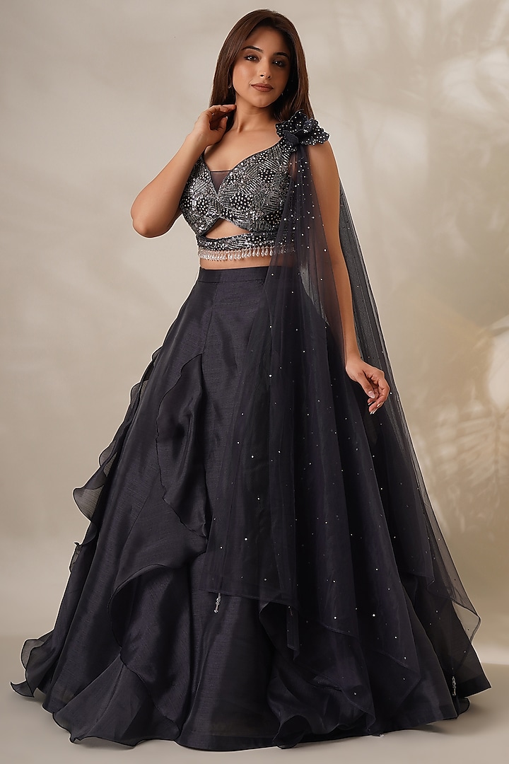 Dark Grey Organza Lehenga Set by Chaashni by Maansi and Ketan at Pernia's Pop Up Shop