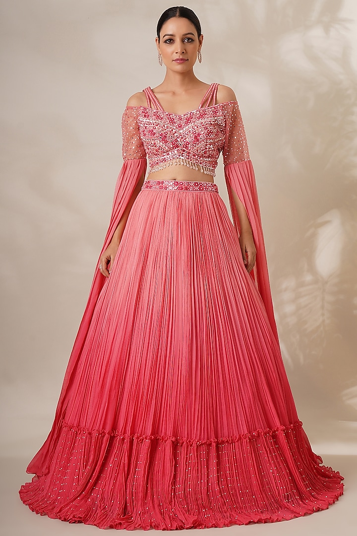 Carrot Georgette Embellished Ombre Lehenga Set by Chaashni by Maansi and Ketan