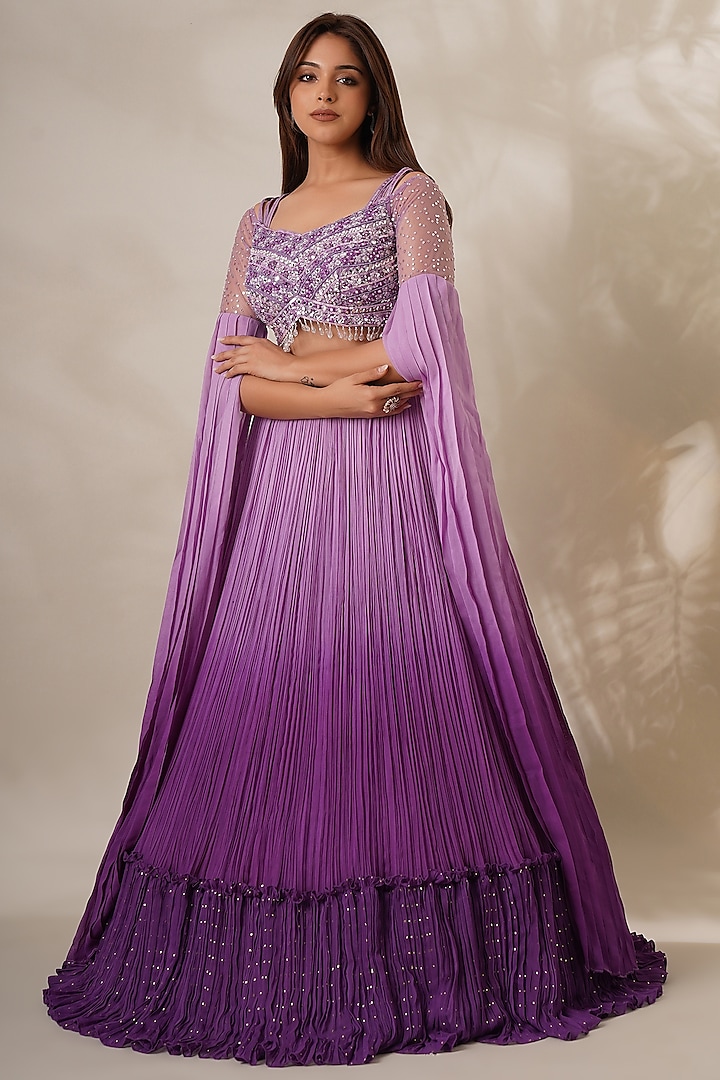 Purple Georgette Embellished Ombre Lehenga Set by Chaashni by Maansi and Ketan