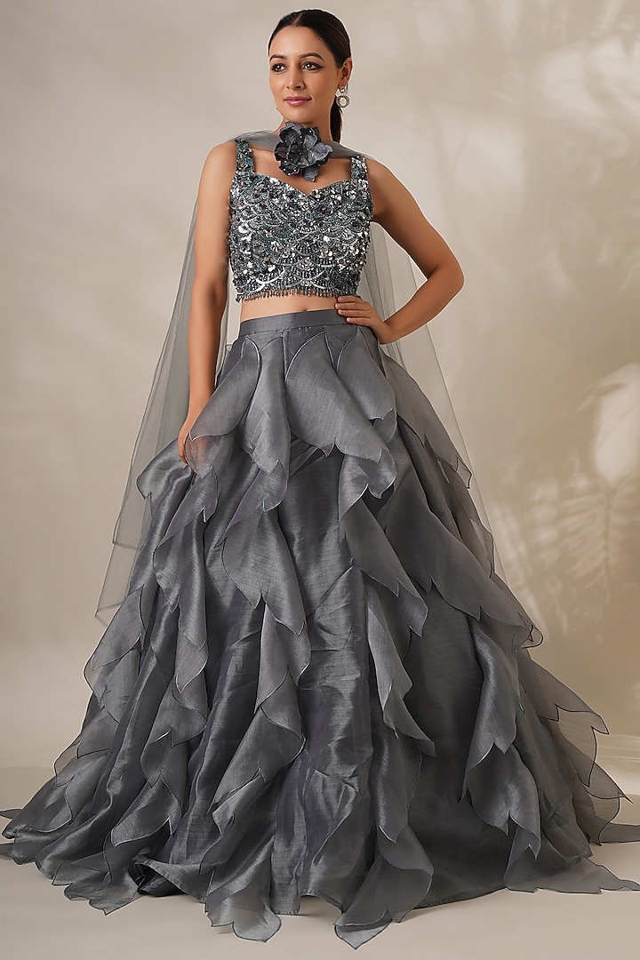 Grey Organza Lehenga Set by Chaashni by Maansi and Ketan at Pernia's Pop Up Shop