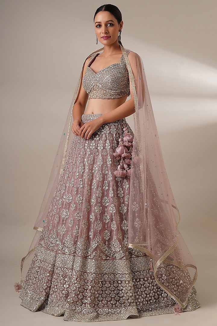 Pink Net Embroidered Lehenga Set by Chaashni by Maansi and Ketan