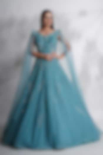 Blue Net Embellished Engagement Gown by Chaashni by Maansi and Ketan at Pernia's Pop Up Shop