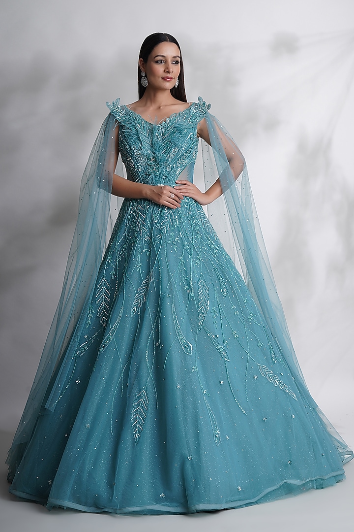 Blue Net Embellished Engagement Gown by Chaashni by Maansi and Ketan at Pernia's Pop Up Shop
