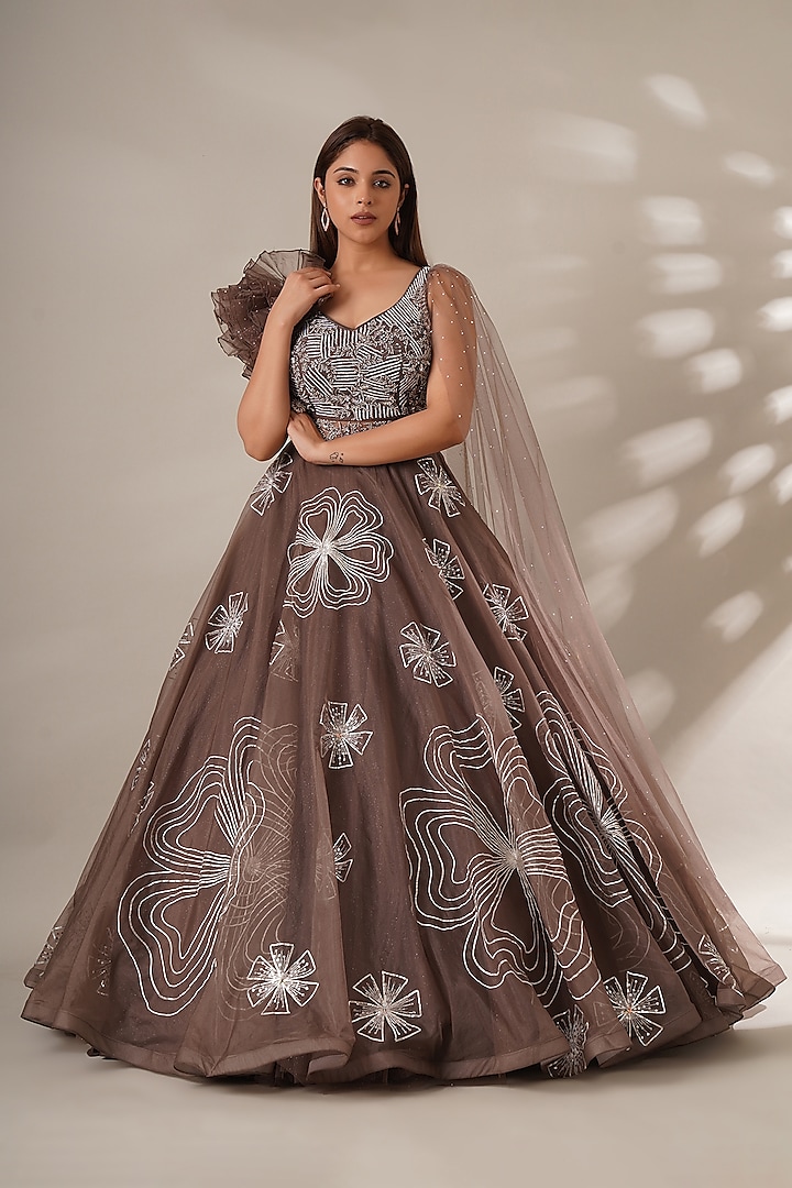 Brown Net Embellished Gown by Chaashni by Maansi and Ketan