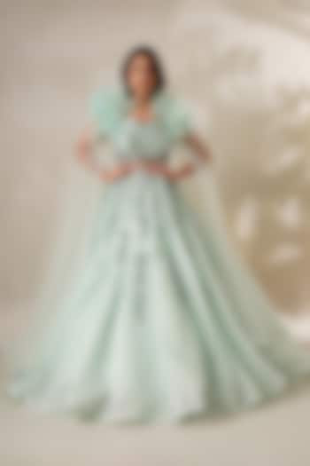 Sea Green Textured Organza Embellished Engagement Gown by Chaashni by Maansi and Ketan at Pernia's Pop Up Shop