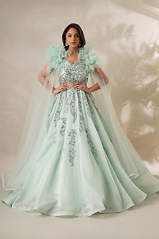 Sea Green Textured Organza Embellished Gown by Chaashni by Maansi and Ketan