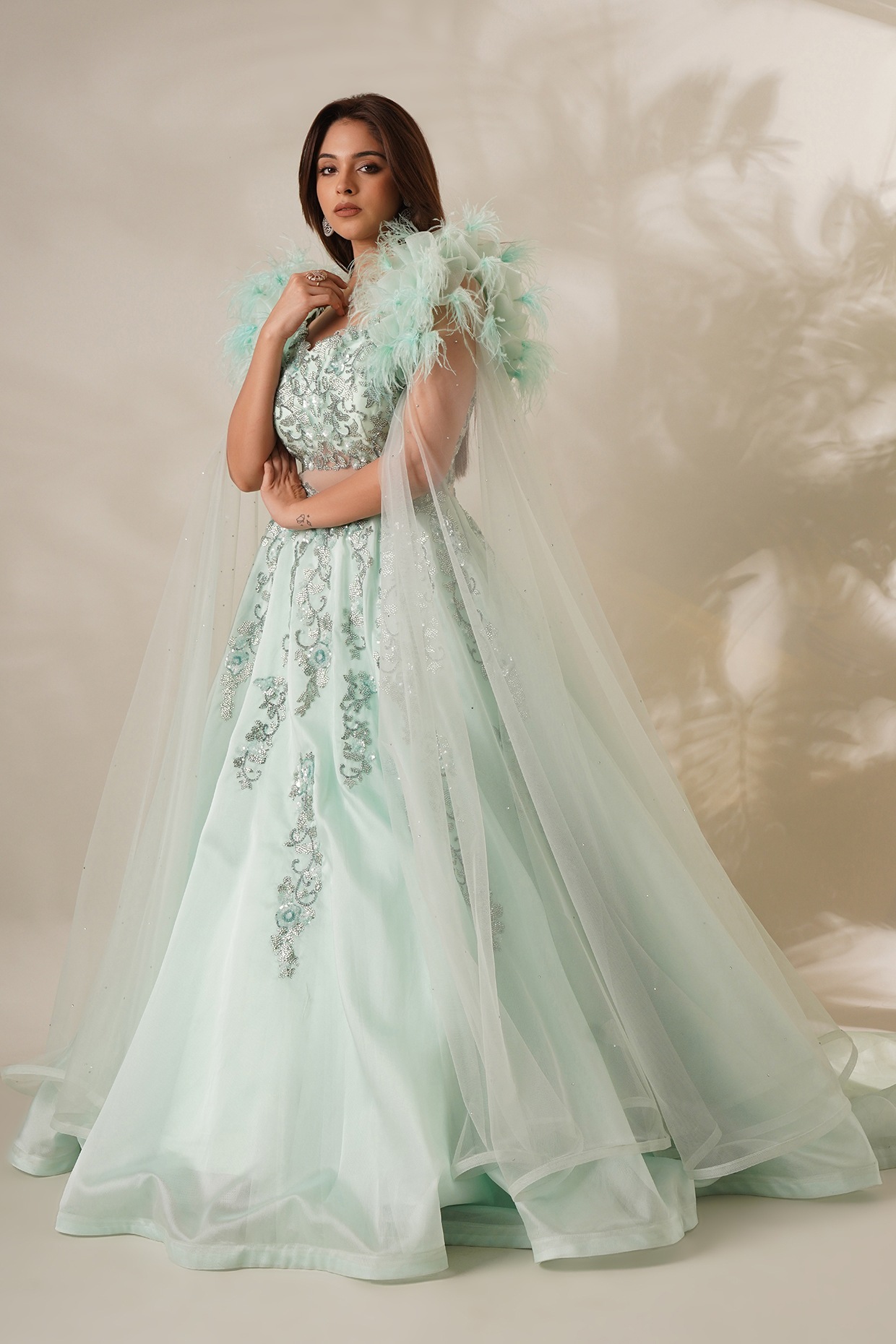 Sea Green Textured Organza Embellished Gown by Chaashni by Maansi and Ketan  at Pernia's Pop Up Shop 2024