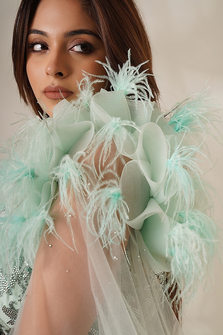 Sea Green Textured Organza Embellished Engagement Gown by Chaashni by Maansi and Ketan at Pernia's Pop Up Shop
