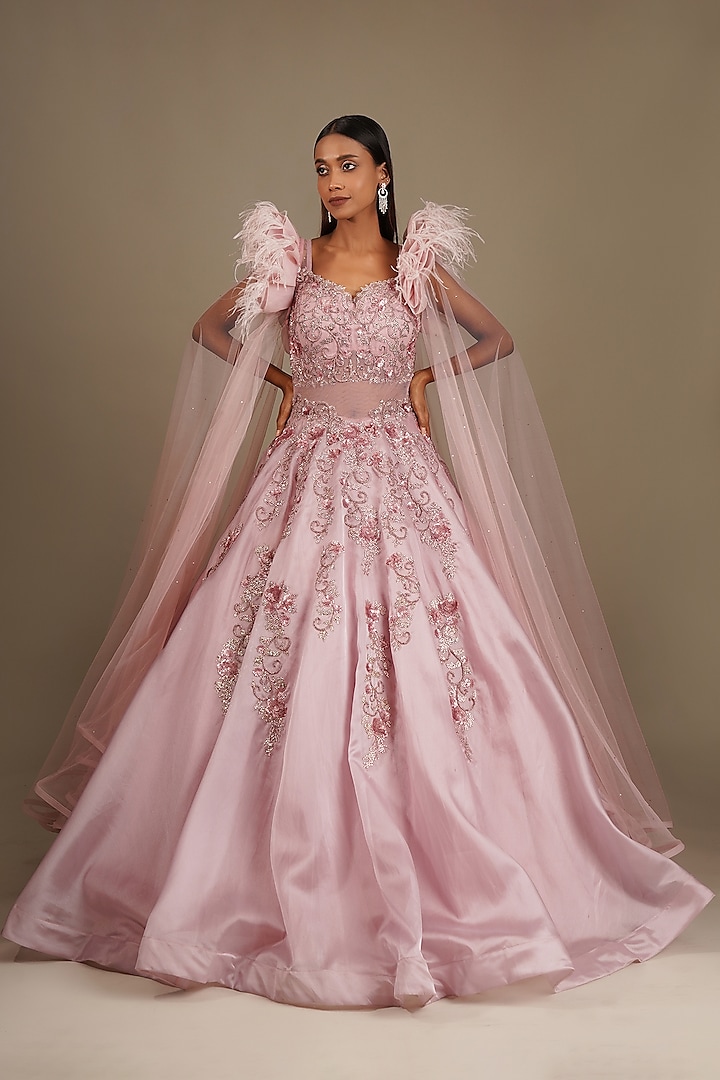 Pink Textured Organza Embellished Gown by Chaashni by Maansi and Ketan at Pernia s Pop Up Shop