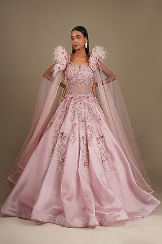 Pink Textured Organza Embellished Gown by Chaashni by Maansi and Ketan