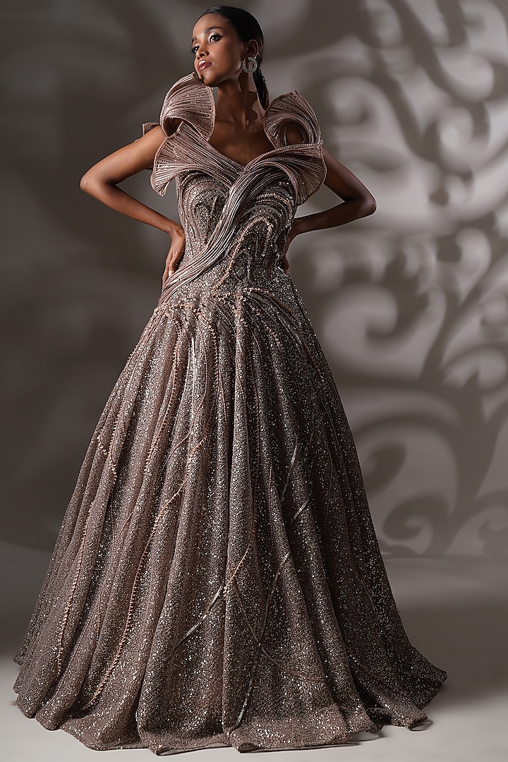 Champagne Sequins Embellished Gown by Chaashni by Maansi and Ketan