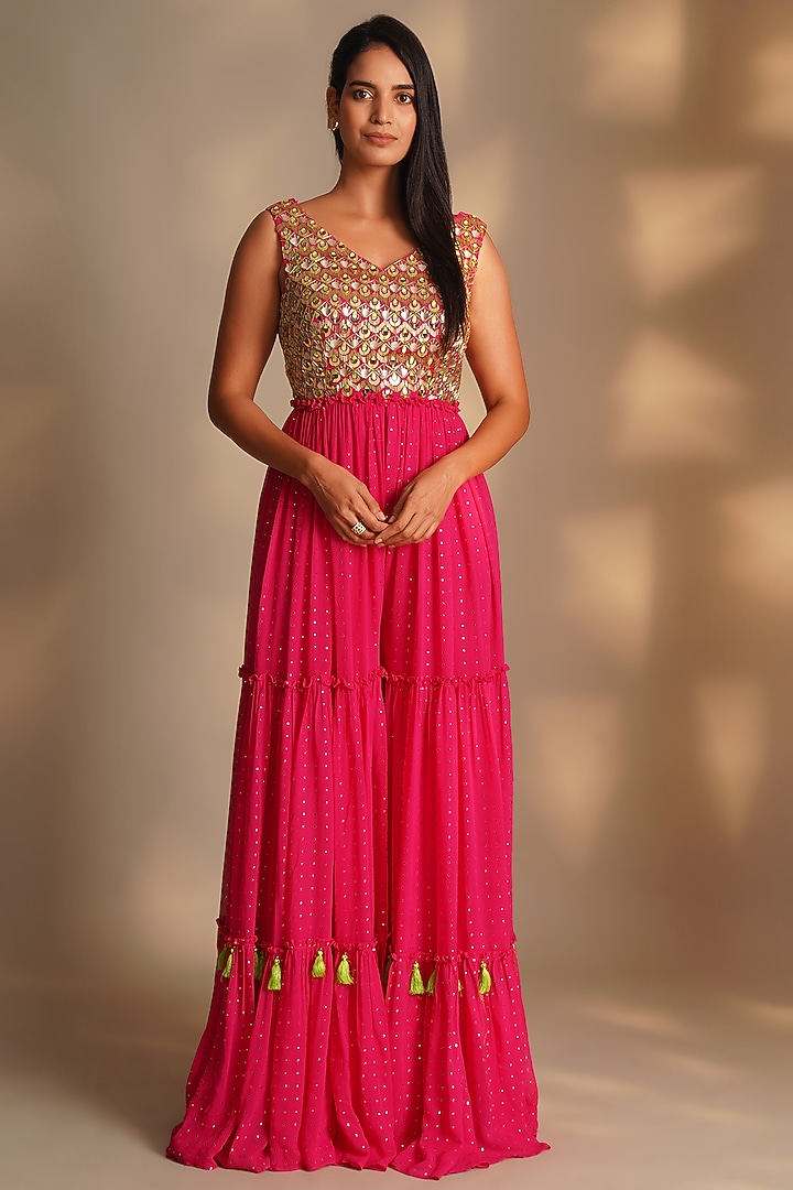 Rani Pink Georgette Embroidered Jumpsuit by Chaashni by Maansi and Ketan at Pernia's Pop Up Shop