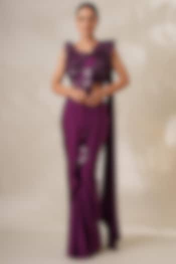 Burgundy Lycra Embroidered Wedding Saree Set by Chaashni by Maansi and Ketan at Pernia's Pop Up Shop