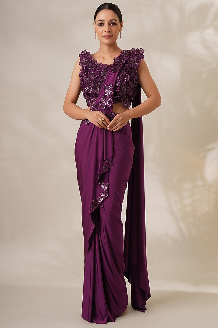 Burgundy Lycra Embroidered Wedding Saree Set by Chaashni by Maansi and Ketan at Pernia's Pop Up Shop