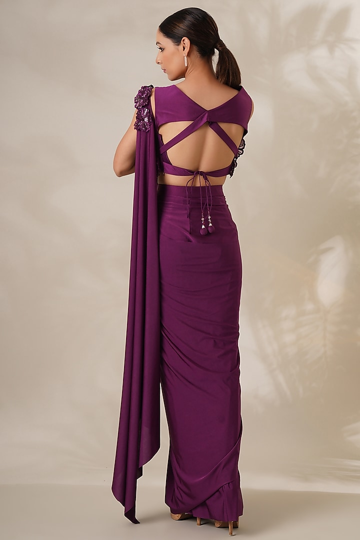 Burgundy Lycra Embroidered Wedding Saree Set by Chaashni by Maansi and Ketan at Pernia's Pop Up Shop