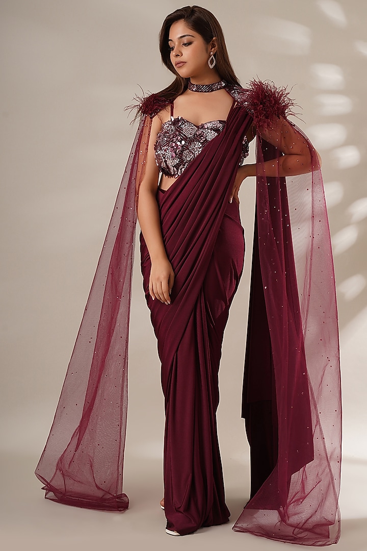 Maroon Lycra Embellished Jacket Saree Set by Chaashni by Maansi and Ketan at Pernia's Pop Up Shop