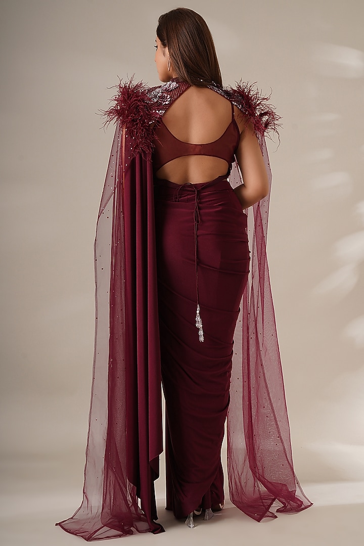 Maroon Lycra Embellished Jacket Wedding Saree Set by Chaashni by Maansi and Ketan at Pernia's Pop Up Shop