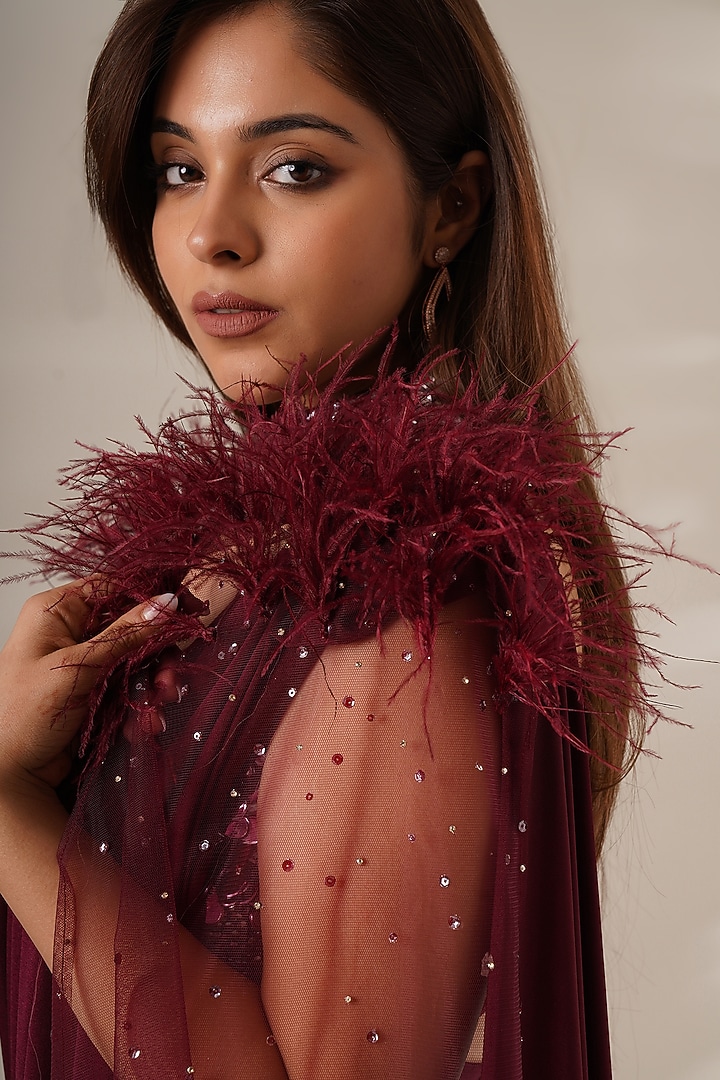 Maroon Lycra Embellished Jacket Wedding Saree Set by Chaashni by Maansi and Ketan at Pernia's Pop Up Shop