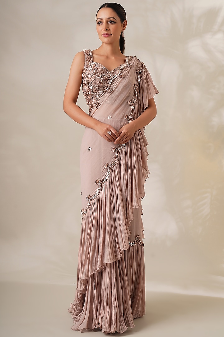 Champagne Georgette Embellished Pre-Draped Saree Set by Chaashni by Maansi and Ketan