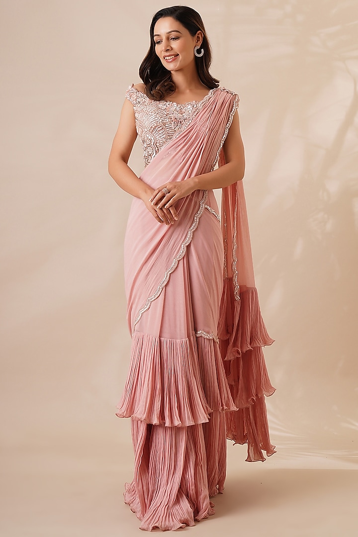 Peach Georgette Embellished Pre-Draped Saree Set by Chaashni by Maansi and Ketan