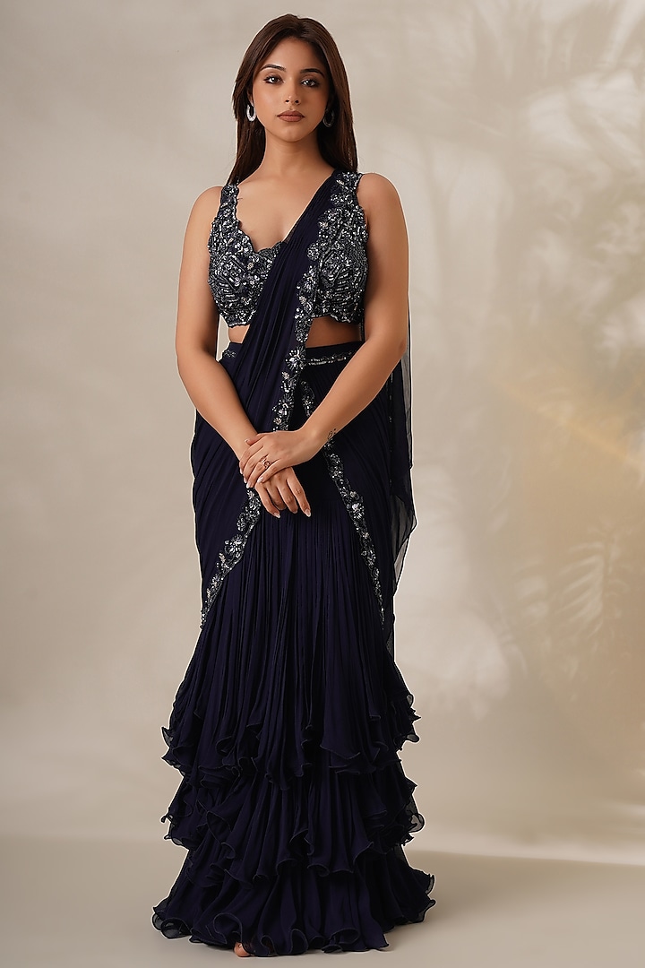 Navy Blue Georgette Draped Saree Set by Chaashni by Maansi and Ketan