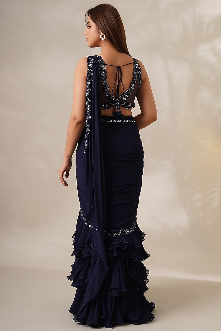 Navy Blue Georgette Draped Wedding Saree Set by Chaashni by Maansi and Ketan at Pernia's Pop Up Shop