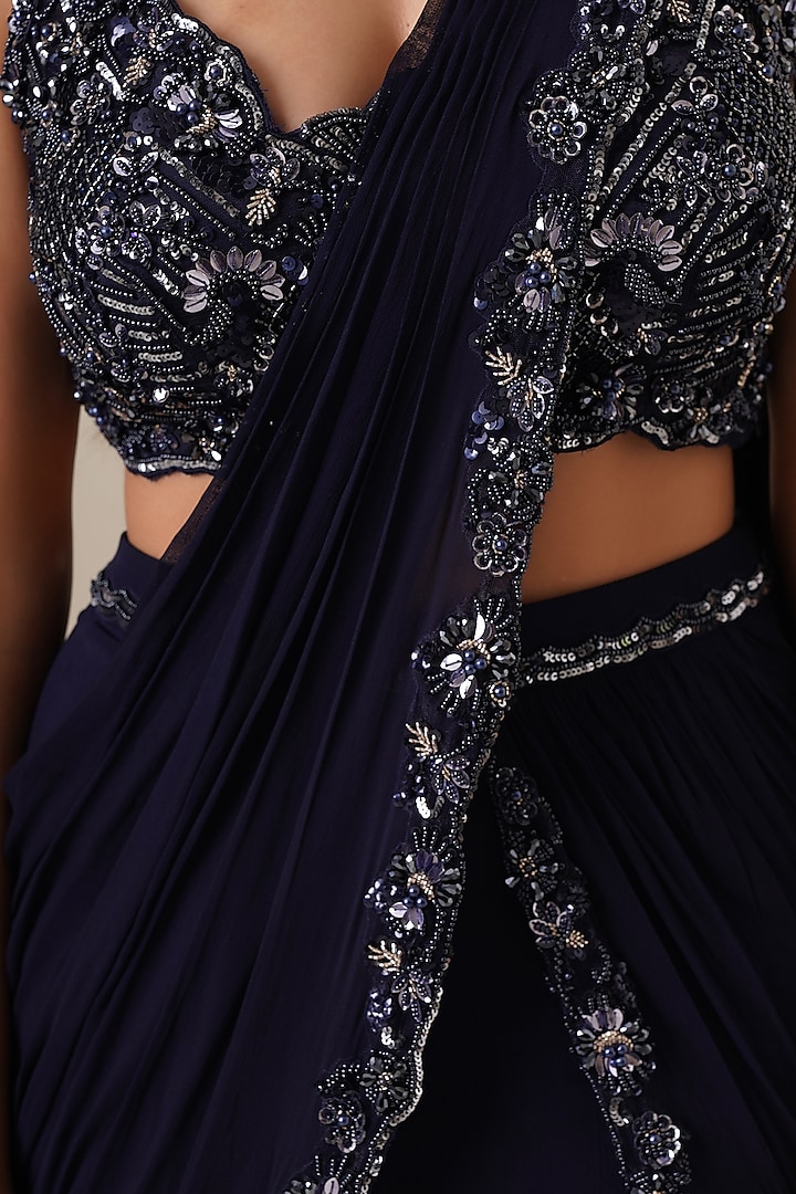 Navy Blue Georgette Draped Wedding Saree Set by Chaashni by Maansi and Ketan at Pernia's Pop Up Shop