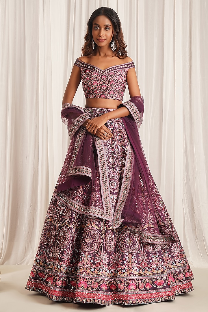 Dark Purple Silk Printed & Sequins Embellished Kalidar Lehenga Set by Chaashni by Maansi and Ketan