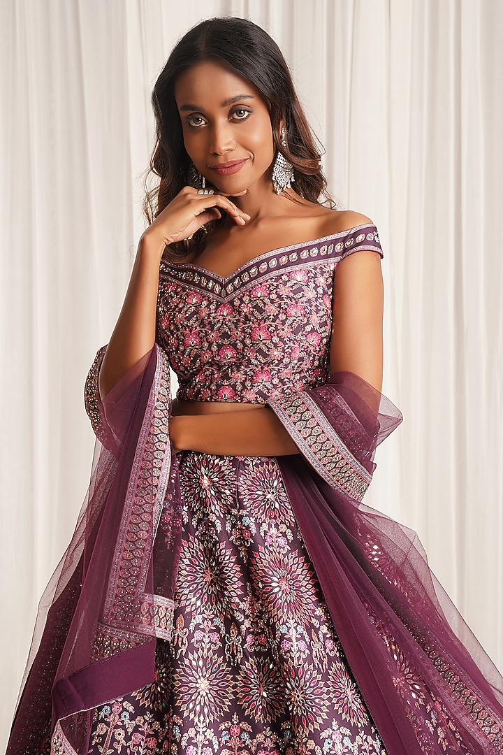 Dark Purple Silk Printed & Sequins Embellished Kalidar Wedding Lehenga Set by Chaashni by Maansi and Ketan at Pernia's Pop Up Shop