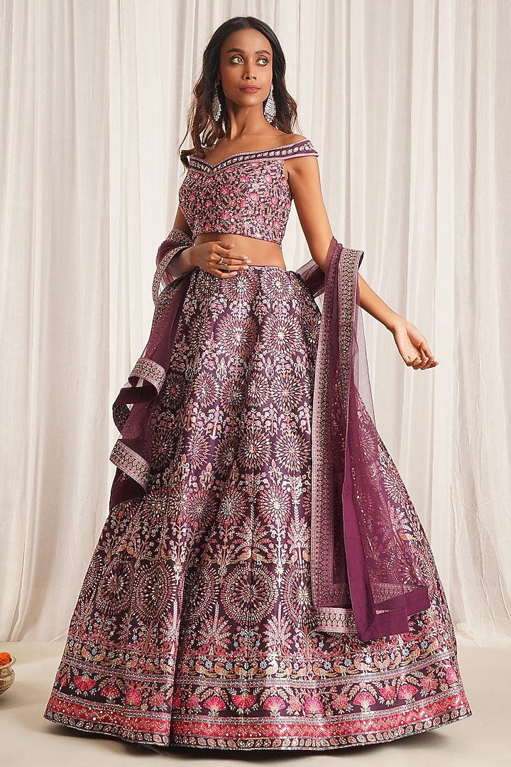 Dark Purple Silk Printed & Sequins Embellished Kalidar Wedding Lehenga Set by Chaashni by Maansi and Ketan at Pernia's Pop Up Shop