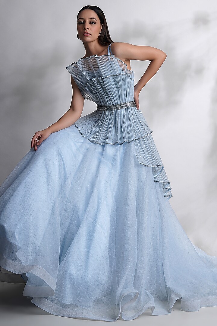 Blue Glitter Organza & Tissue Cutdana Embellished Party Wear Gown by Chaashni by Maansi and Ketan at Pernia's Pop Up Shop