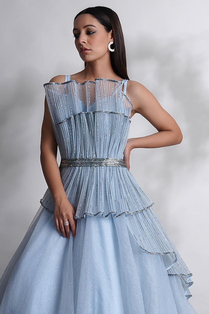 Blue Glitter Organza & Tissue Cutdana Embellished Party Wear Gown by Chaashni by Maansi and Ketan at Pernia's Pop Up Shop