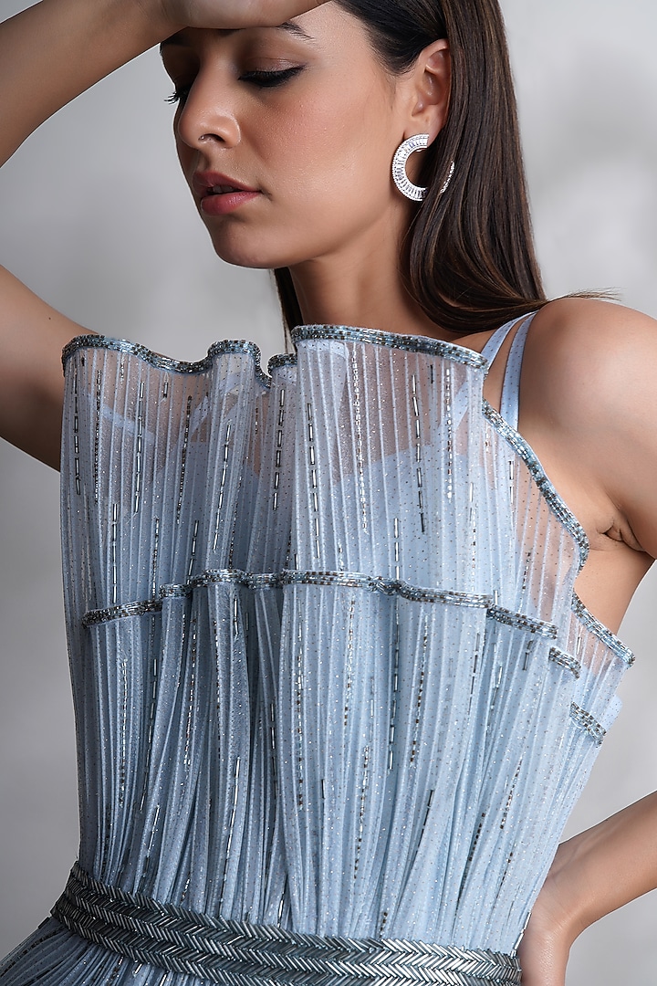 Blue Glitter Organza & Tissue Cutdana Embellished Party Wear Gown by Chaashni by Maansi and Ketan at Pernia's Pop Up Shop