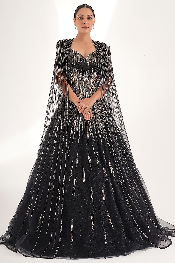 Black Glitter Net Sequins & Cutdana Embellished Gown With Cape by Chaashni by Maansi and Ketan at Pernia's Pop Up Shop