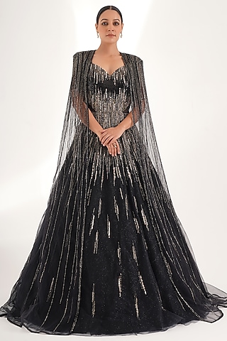 Black Glitter Net Sequins & Cutdana Embellished Gown With Cape by Chaashni by Maansi and Ketan